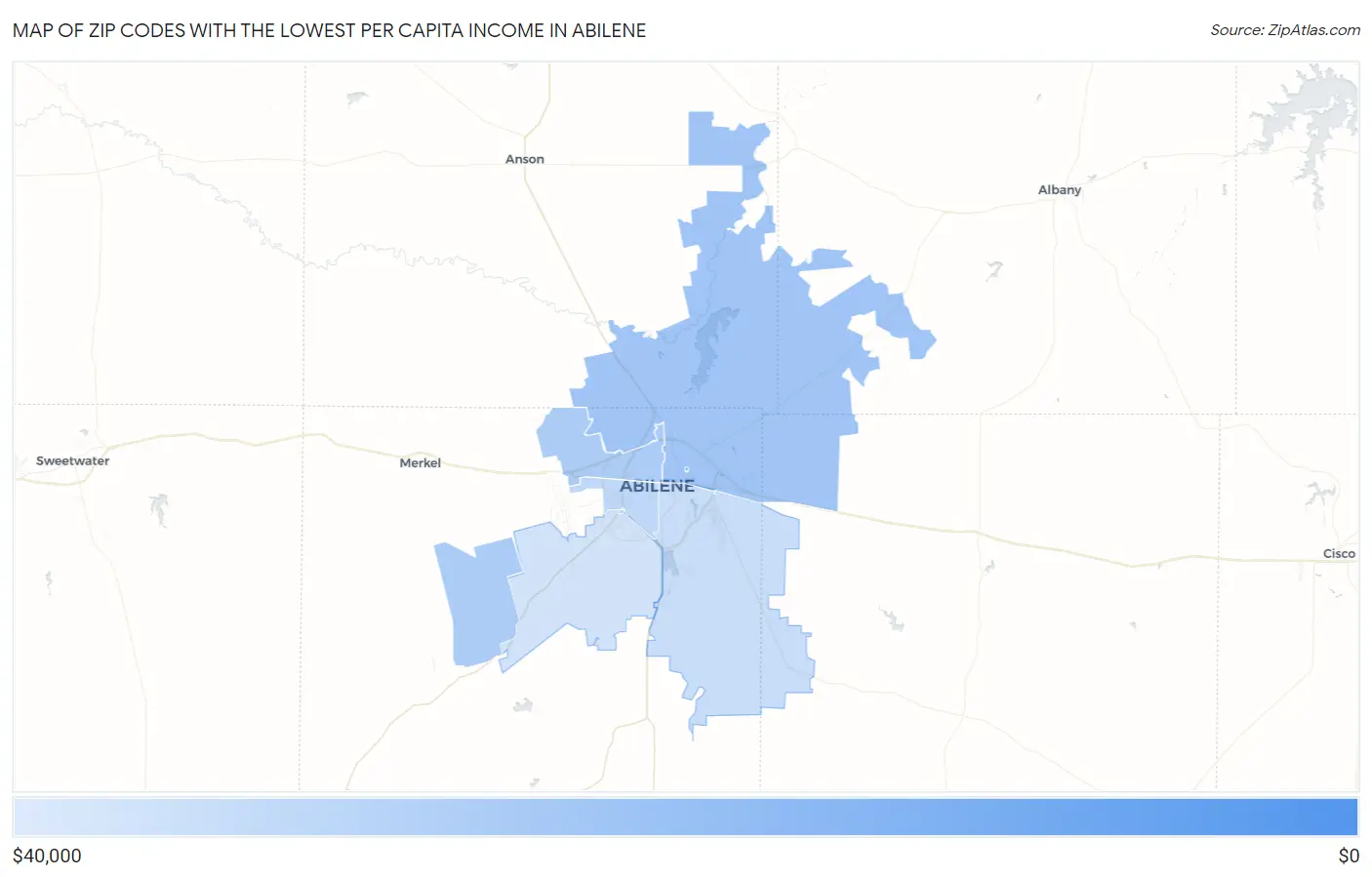 Zip Codes with the Lowest Per Capita Income in Abilene Map