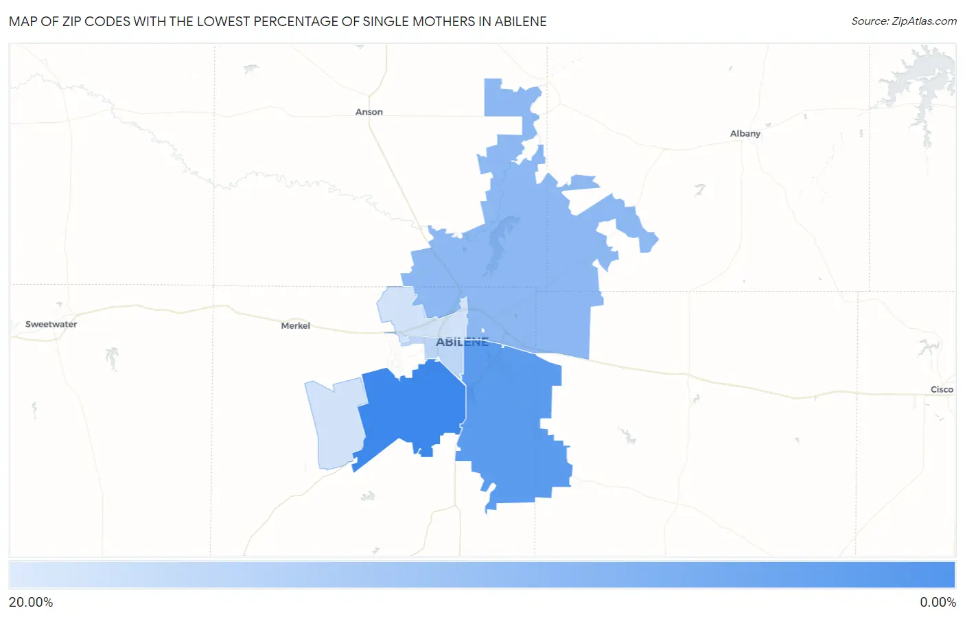 Zip Codes with the Lowest Percentage of Single Mothers in Abilene Map