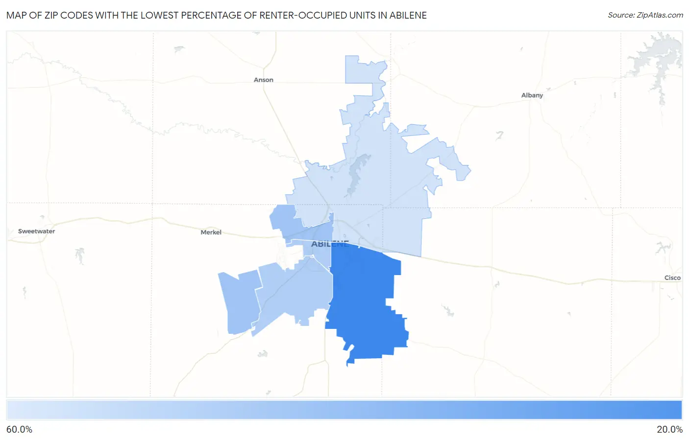 Zip Codes with the Lowest Percentage of Renter-Occupied Units in Abilene Map