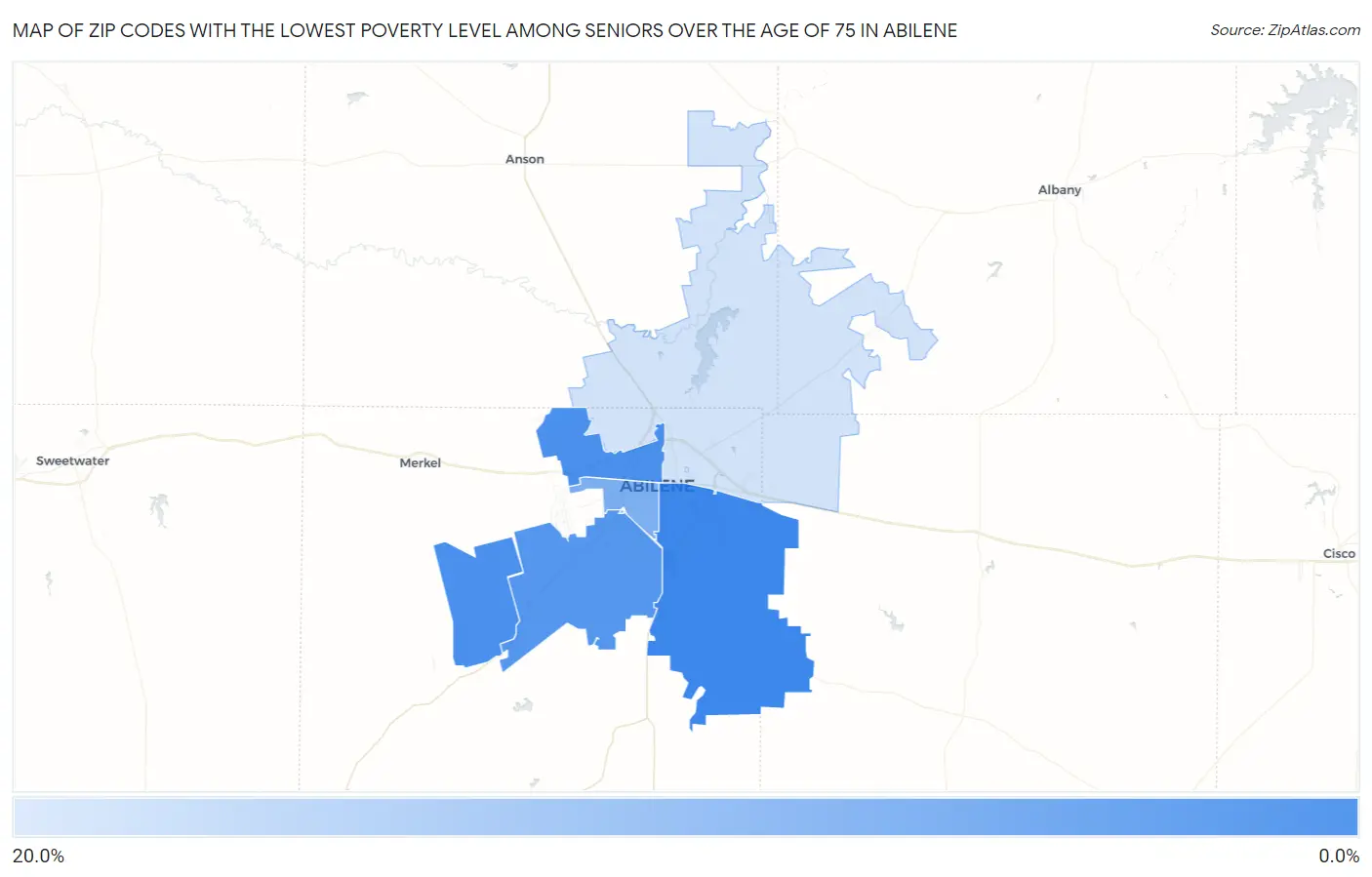 Zip Codes with the Lowest Poverty Level Among Seniors Over the Age of 75 in Abilene Map