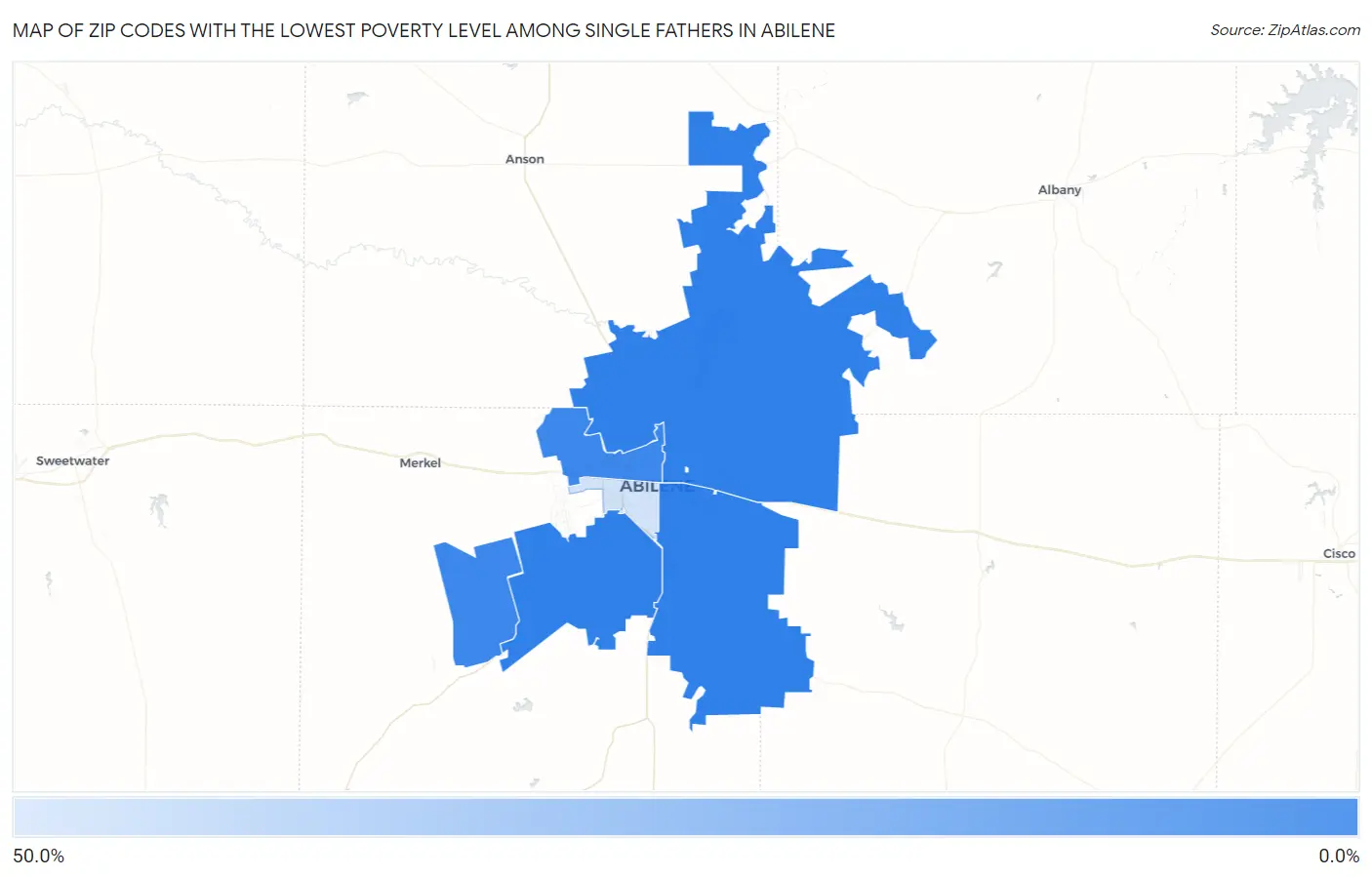 Zip Codes with the Lowest Poverty Level Among Single Fathers in Abilene Map