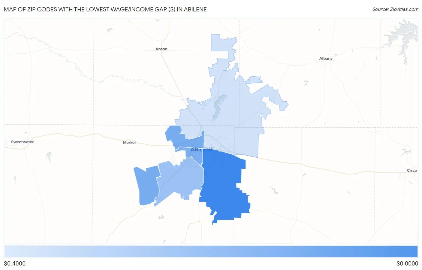 Zip Codes with the Lowest Wage/Income Gap ($) in Abilene Map