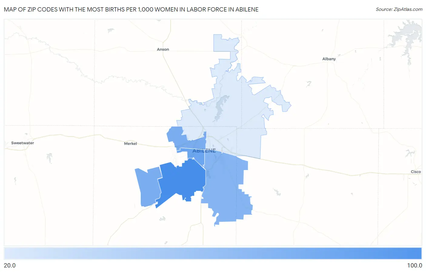 Zip Codes with the Most Births per 1,000 Women in Labor Force in Abilene Map