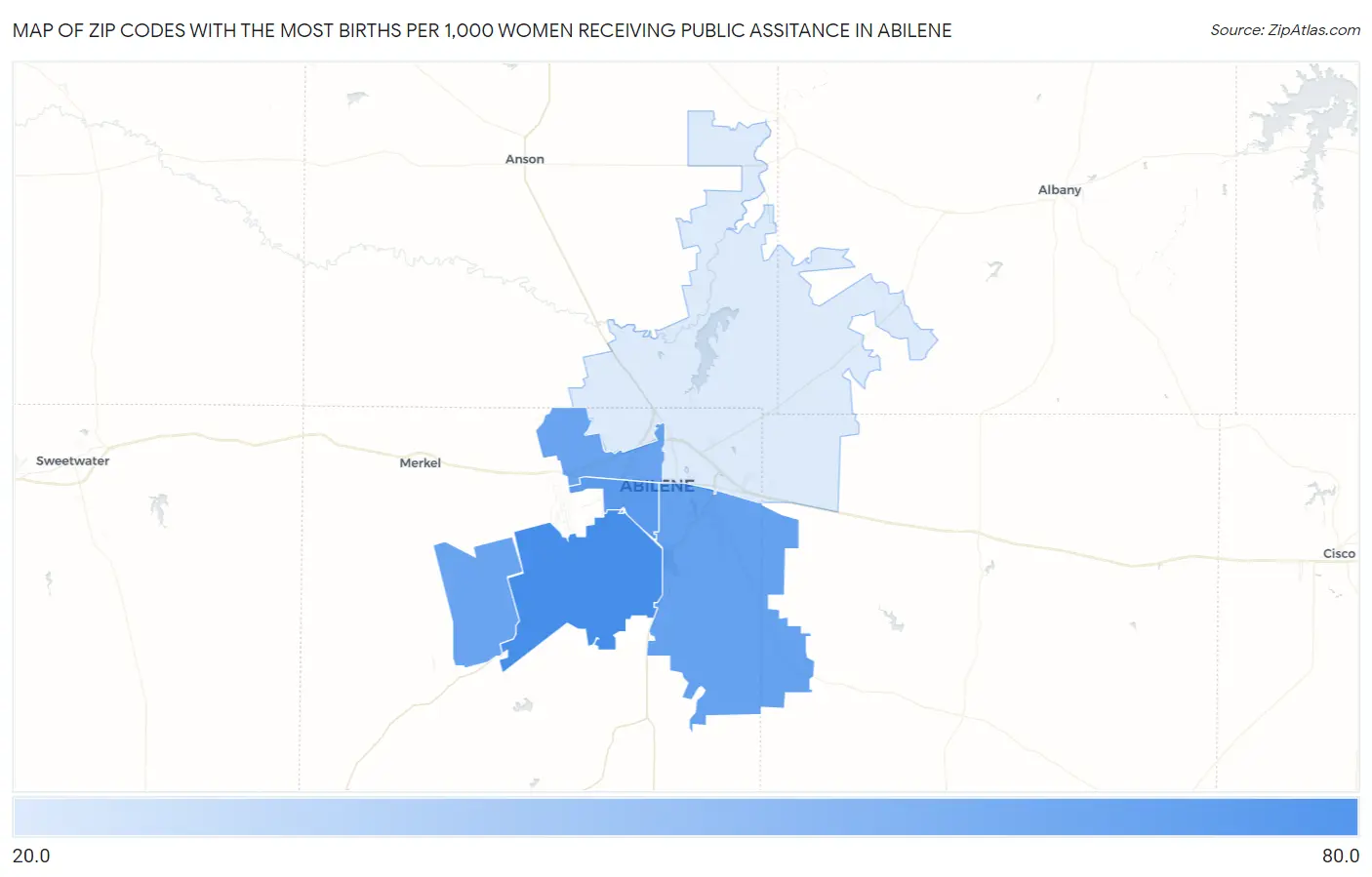 Zip Codes with the Most Births per 1,000 Women Receiving Public Assitance in Abilene Map