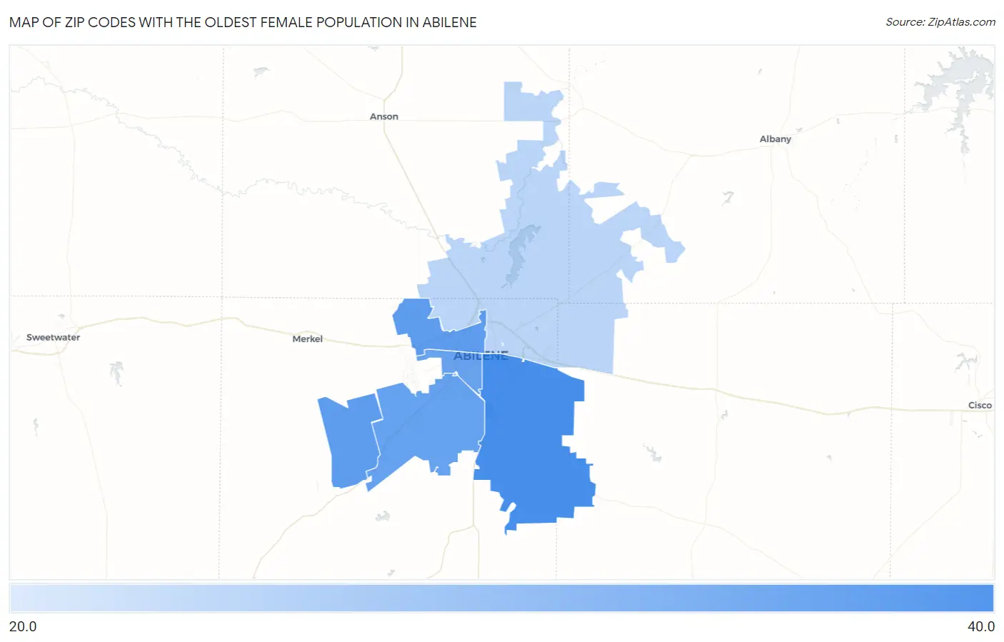 Zip Codes with the Oldest Female Population in Abilene Map