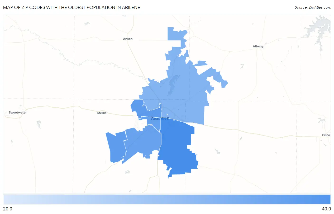 Zip Codes with the Oldest Population in Abilene Map