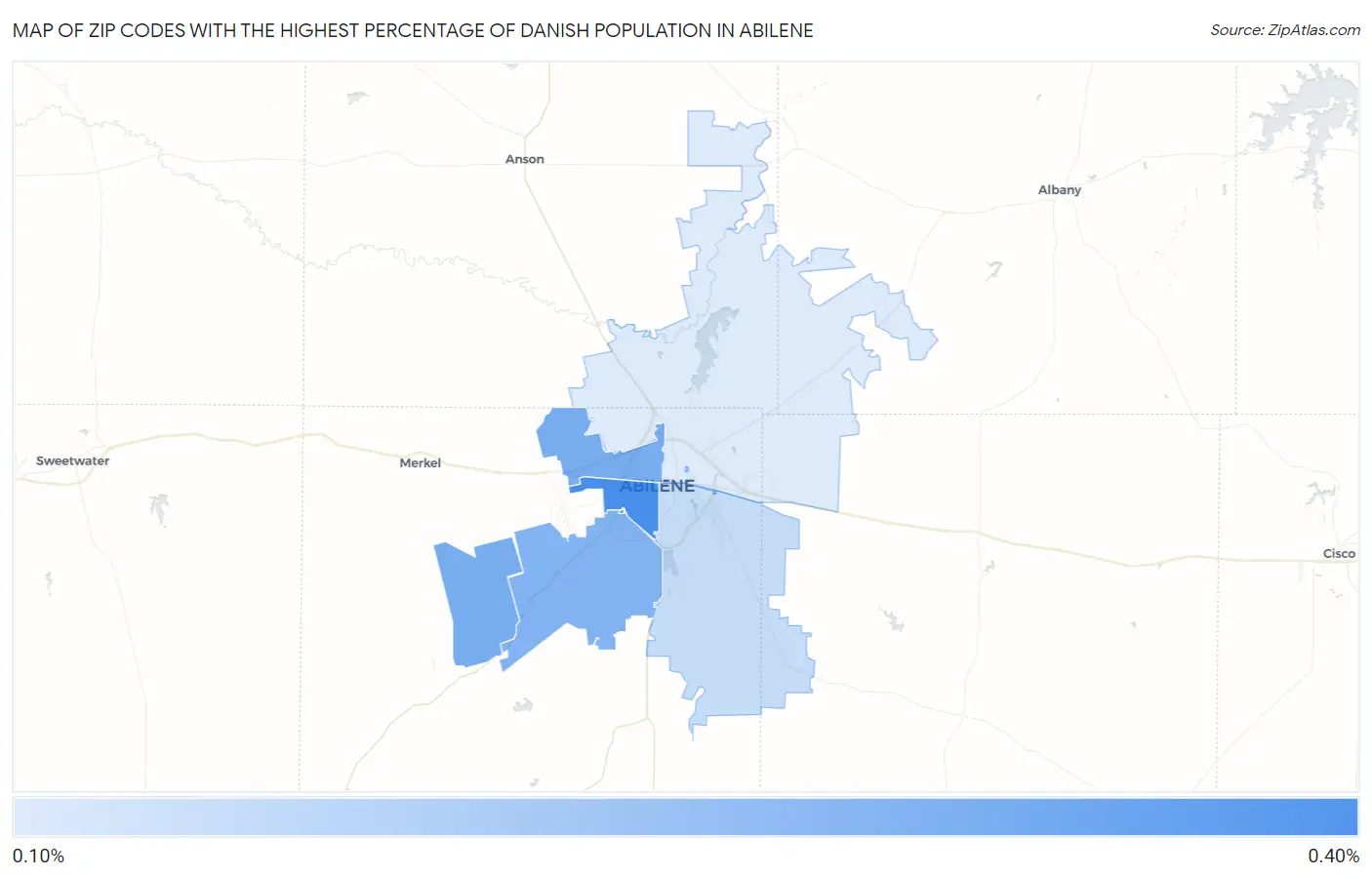Zip Codes with the Highest Percentage of Danish Population in Abilene Map