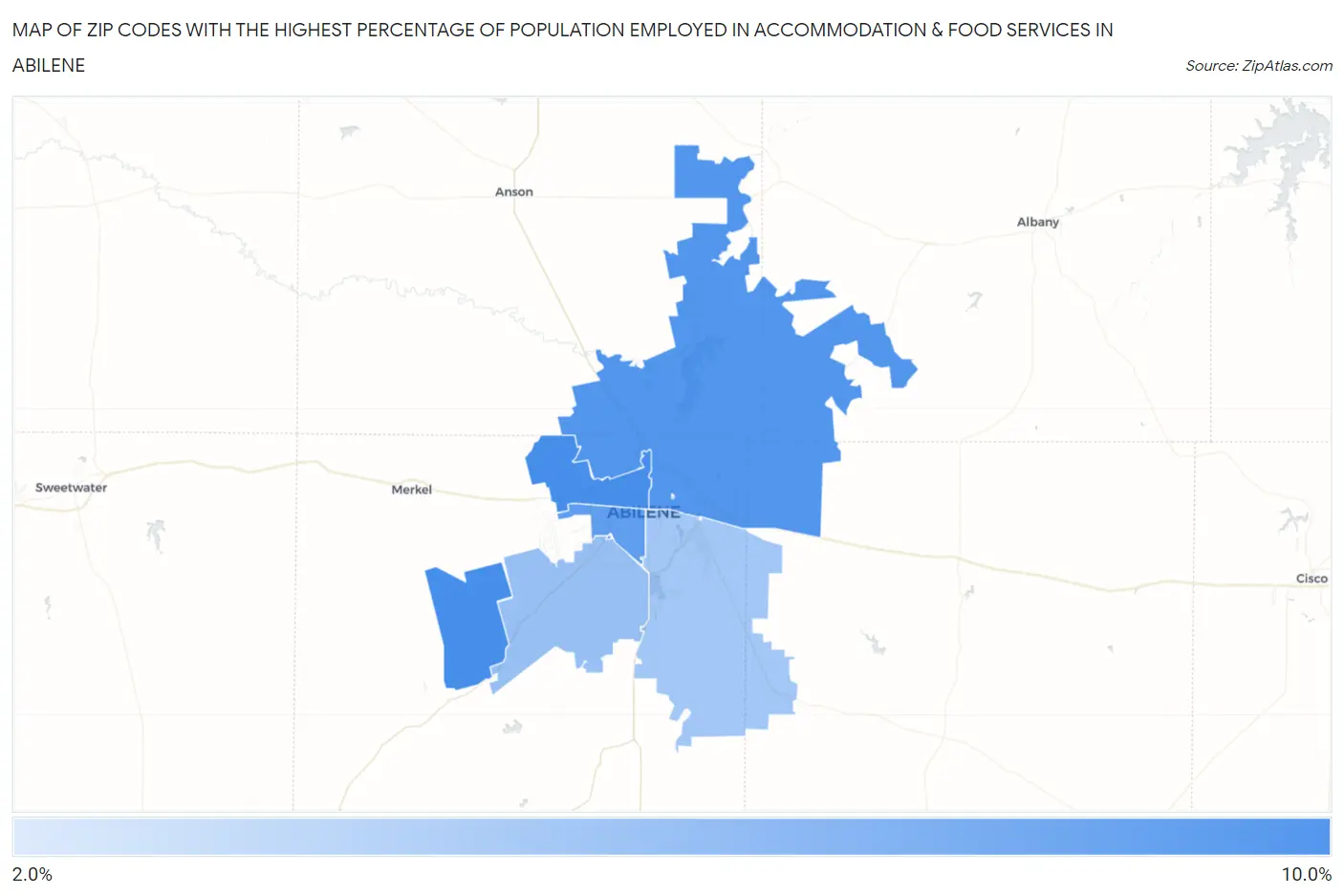 Zip Codes with the Highest Percentage of Population Employed in Accommodation & Food Services in Abilene Map