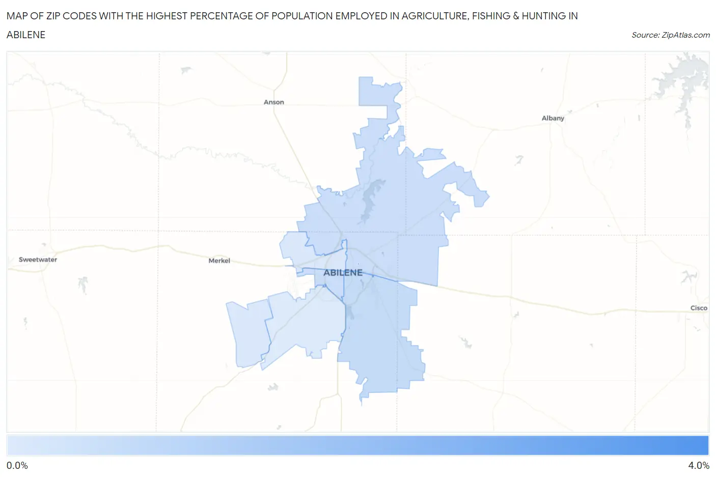 Zip Codes with the Highest Percentage of Population Employed in Agriculture, Fishing & Hunting in Abilene Map