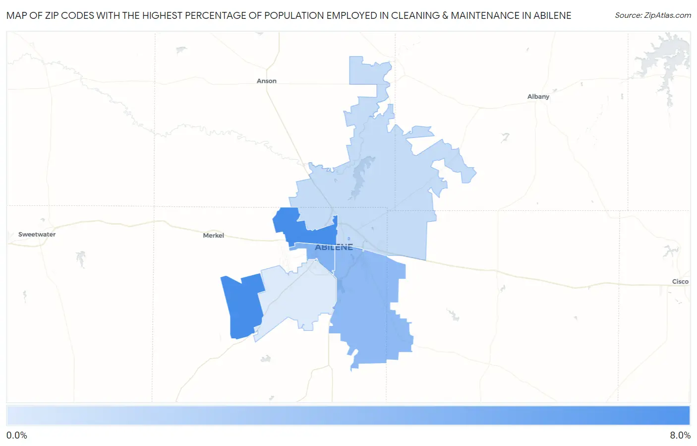Zip Codes with the Highest Percentage of Population Employed in Cleaning & Maintenance in Abilene Map