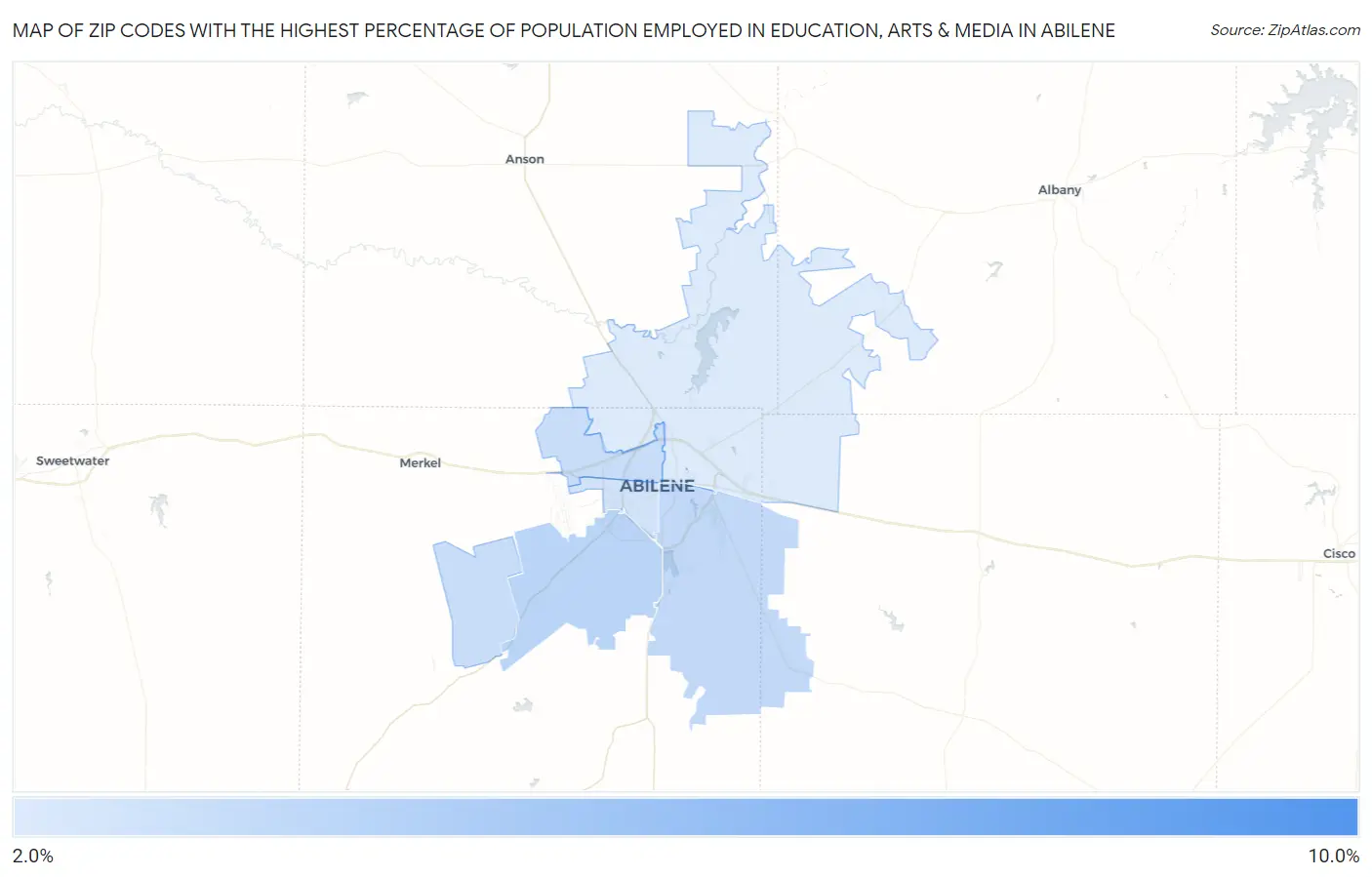 Zip Codes with the Highest Percentage of Population Employed in Education, Arts & Media in Abilene Map