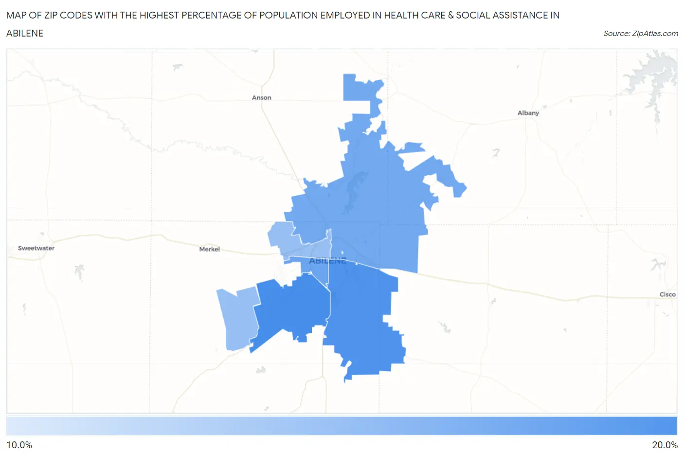 Zip Codes with the Highest Percentage of Population Employed in Health Care & Social Assistance in Abilene Map