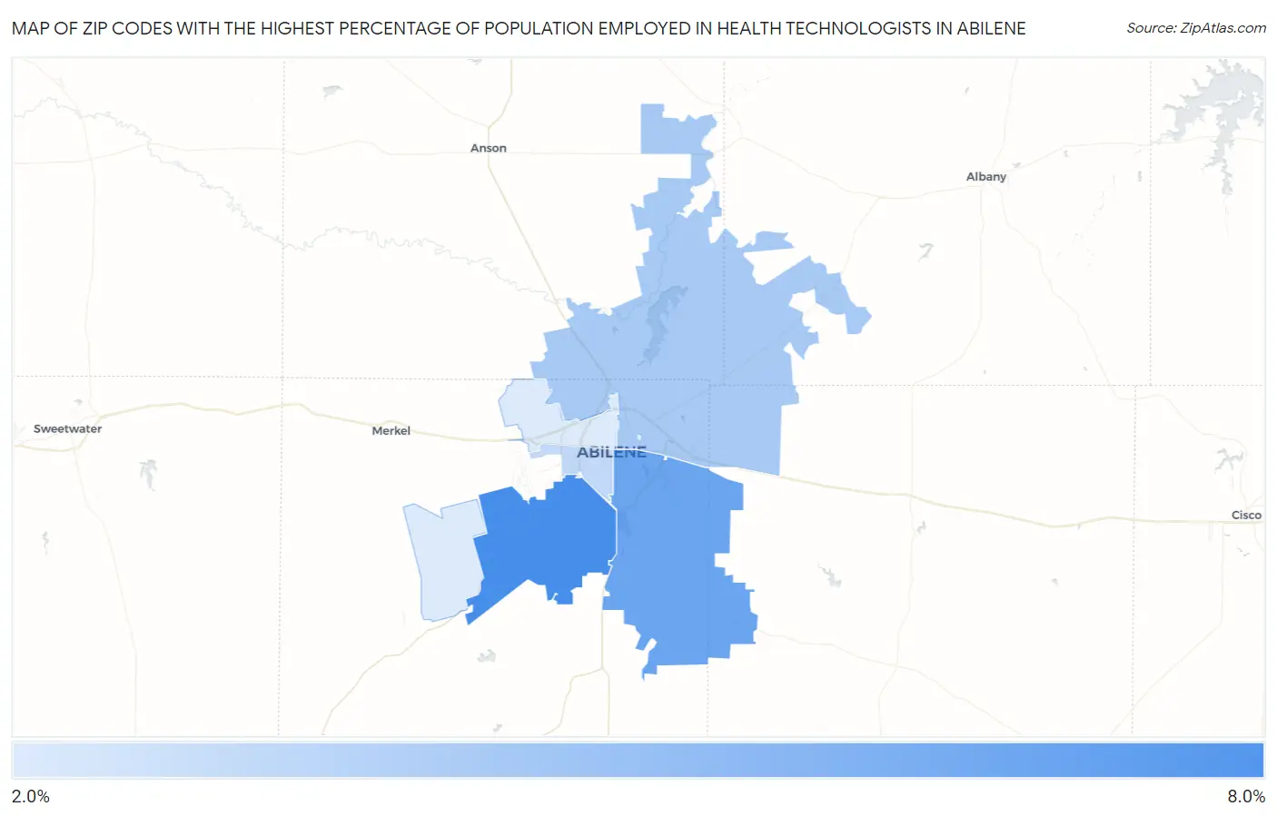 Zip Codes with the Highest Percentage of Population Employed in Health Technologists in Abilene Map