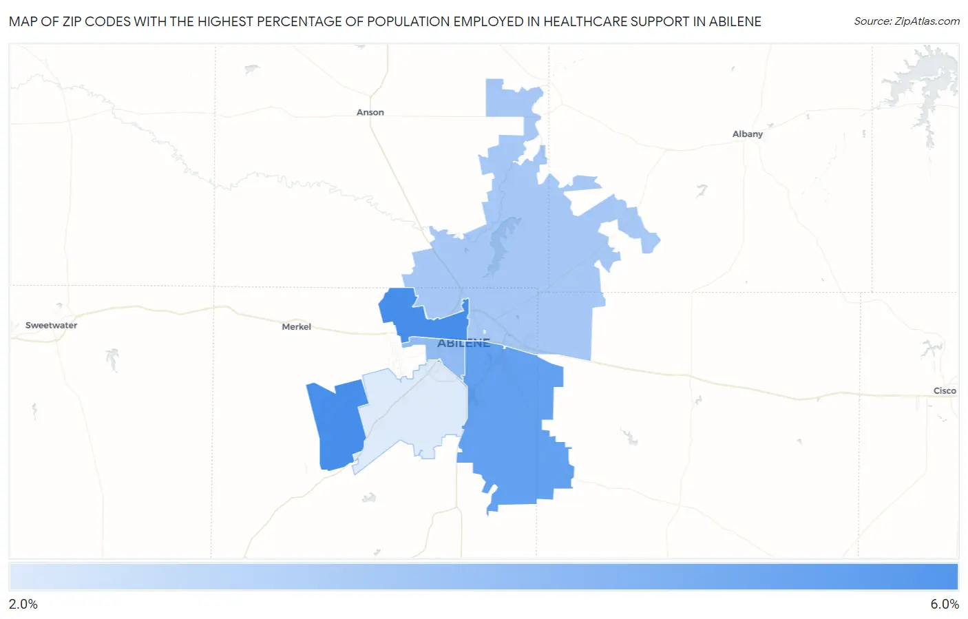 Zip Codes with the Highest Percentage of Population Employed in Healthcare Support in Abilene Map