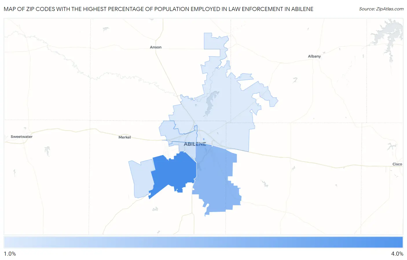 Zip Codes with the Highest Percentage of Population Employed in Law Enforcement in Abilene Map