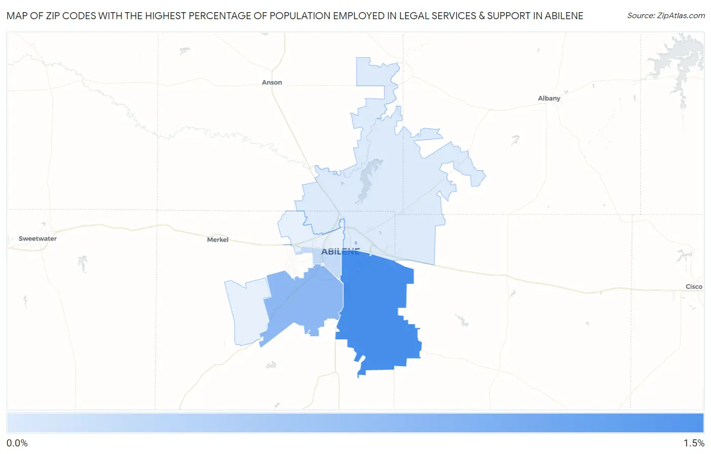 Zip Codes with the Highest Percentage of Population Employed in Legal Services & Support in Abilene Map