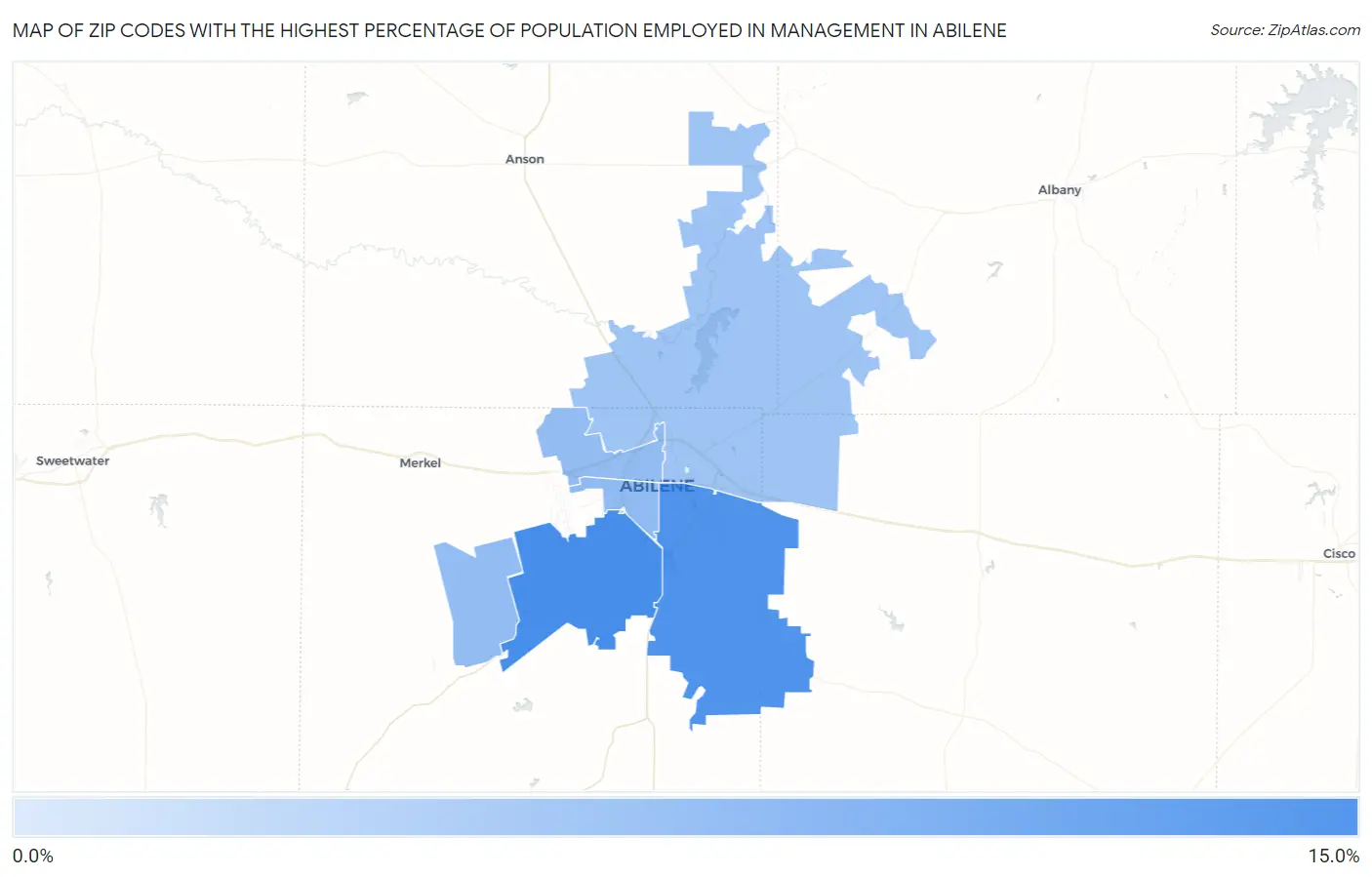 Zip Codes with the Highest Percentage of Population Employed in Management in Abilene Map