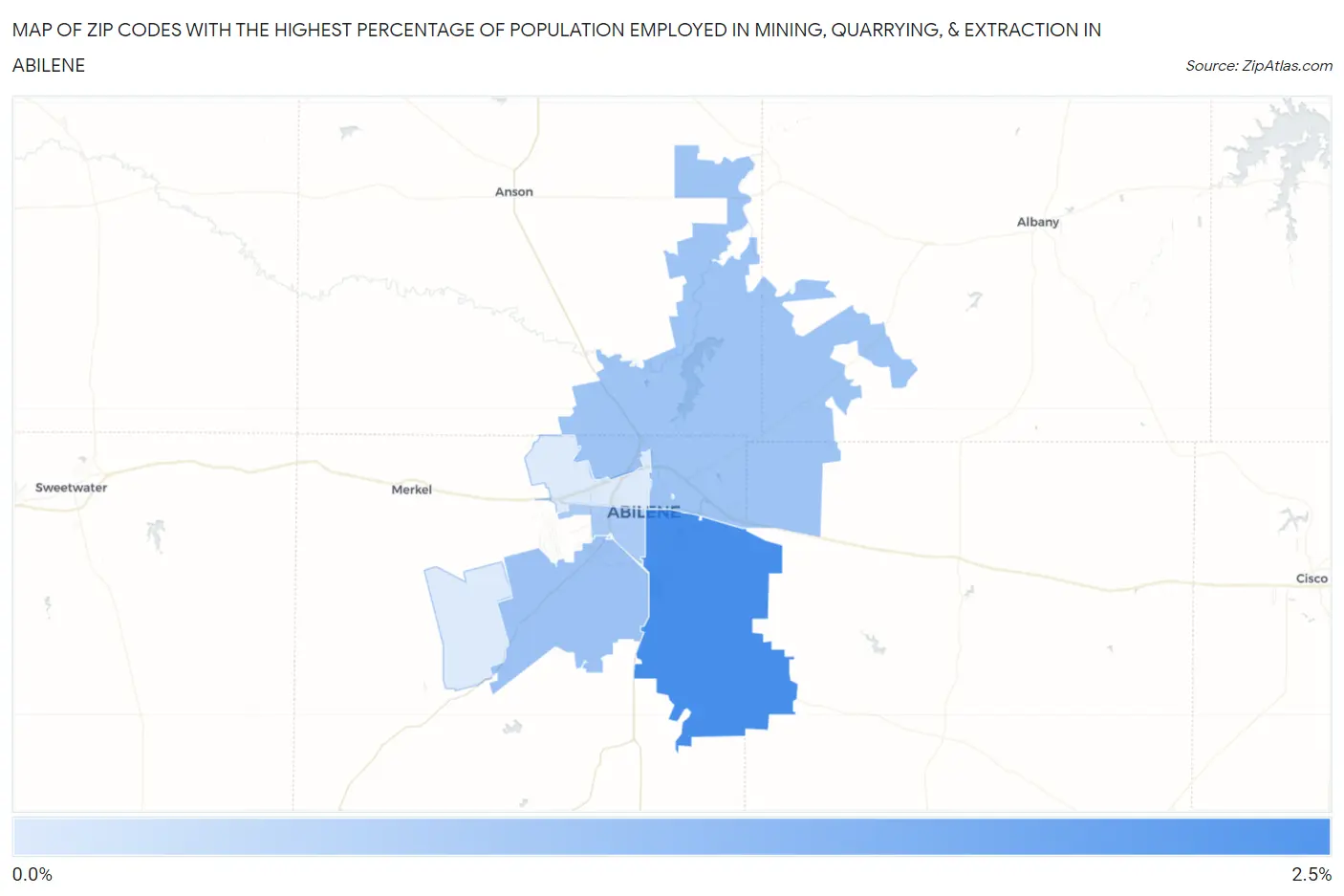 Zip Codes with the Highest Percentage of Population Employed in Mining, Quarrying, & Extraction in Abilene Map