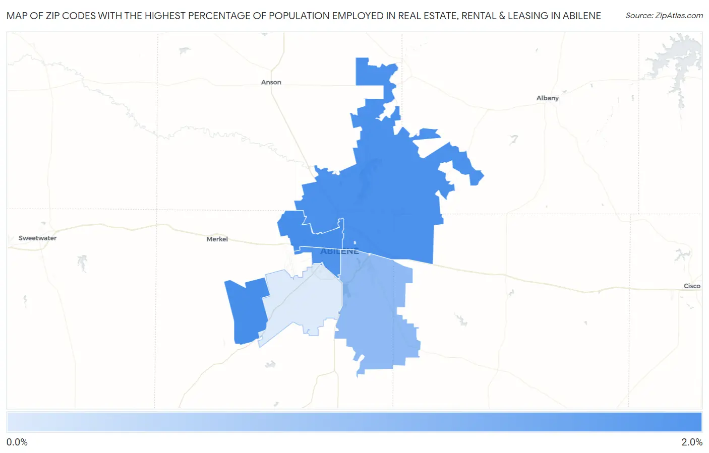 Zip Codes with the Highest Percentage of Population Employed in Real Estate, Rental & Leasing in Abilene Map