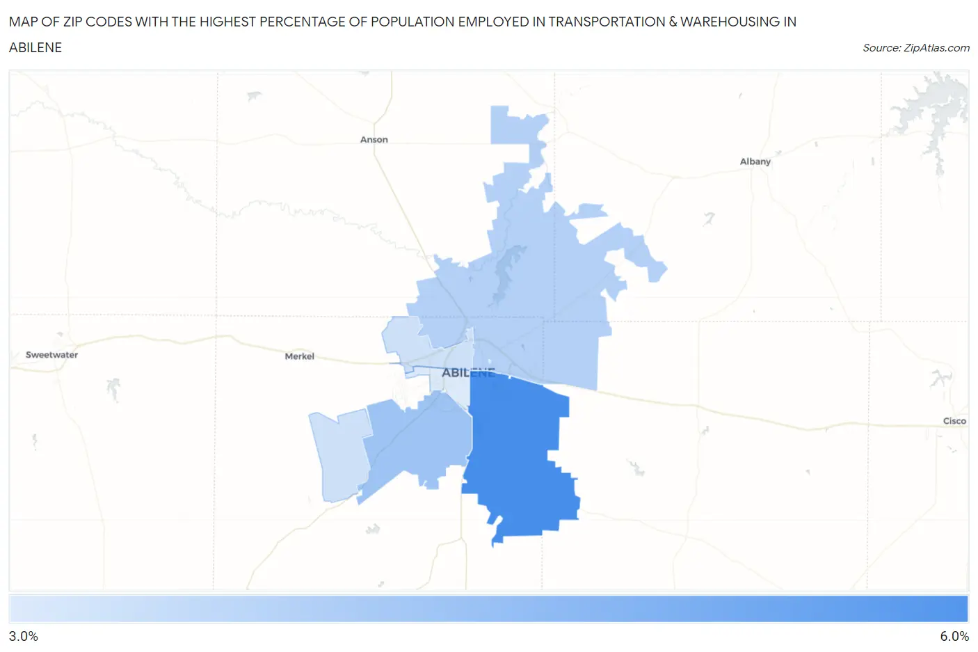 Zip Codes with the Highest Percentage of Population Employed in Transportation & Warehousing in Abilene Map