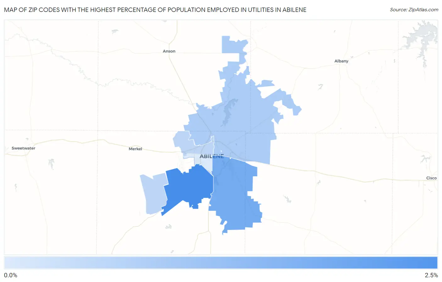 Zip Codes with the Highest Percentage of Population Employed in Utilities in Abilene Map