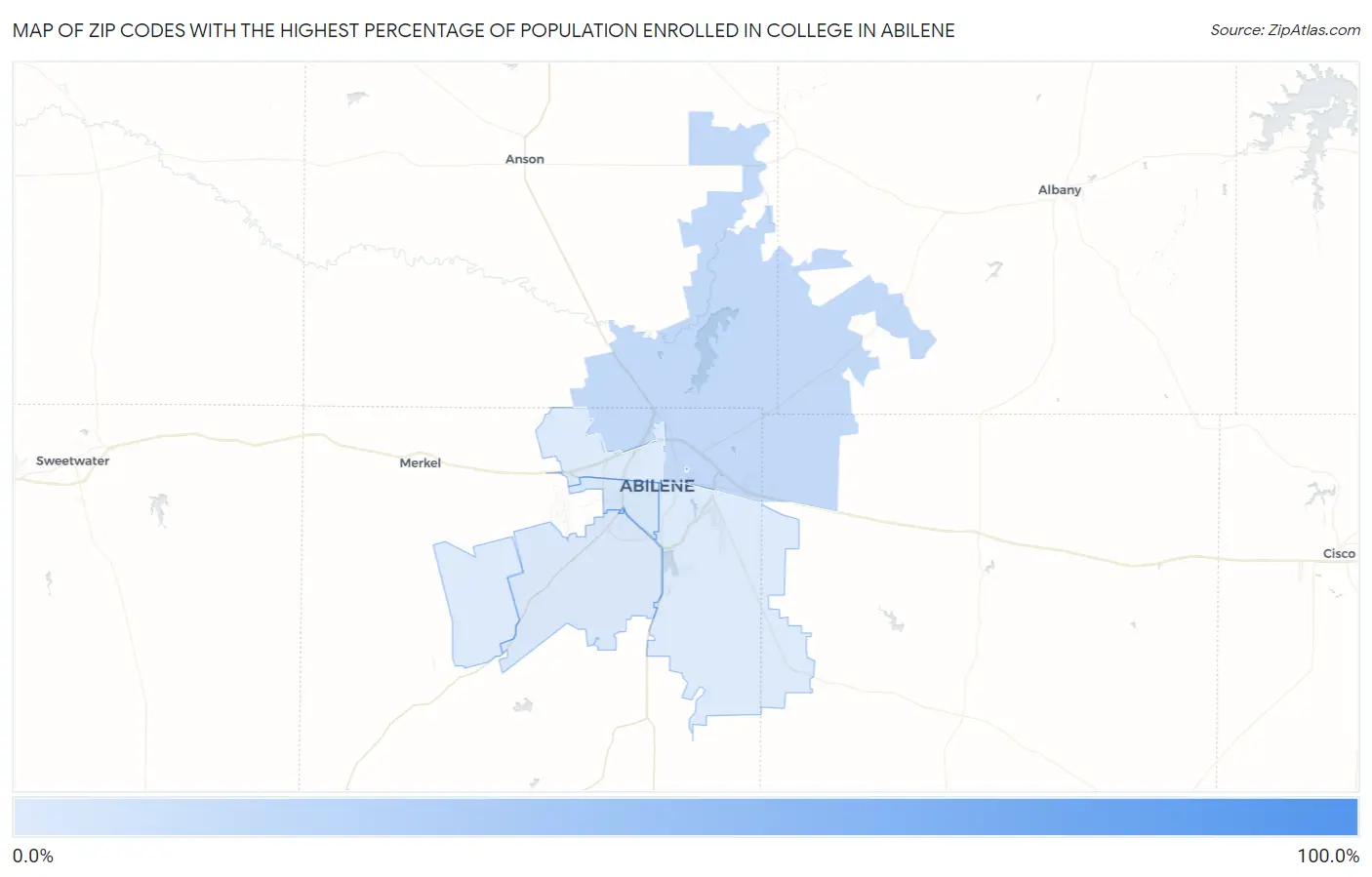 Zip Codes with the Highest Percentage of Population Enrolled in College in Abilene Map
