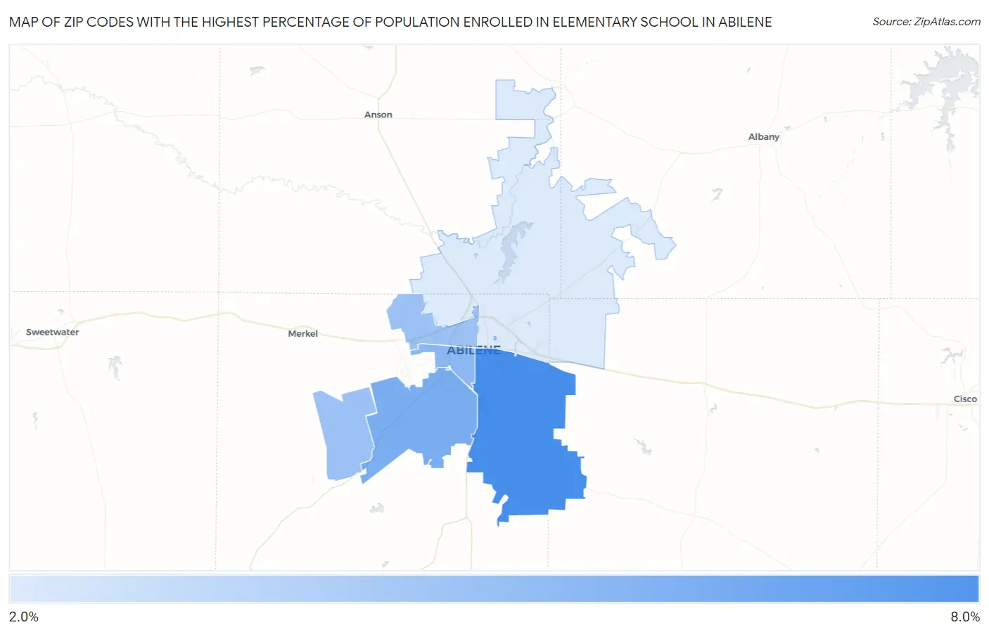 Zip Codes with the Highest Percentage of Population Enrolled in Elementary School in Abilene Map