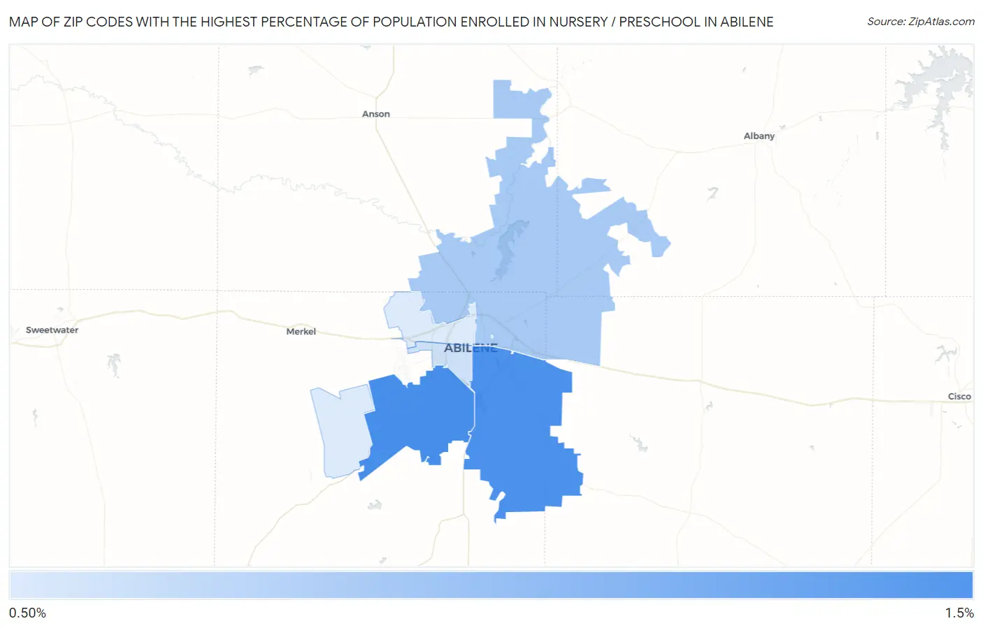 Zip Codes with the Highest Percentage of Population Enrolled in Nursery / Preschool in Abilene Map