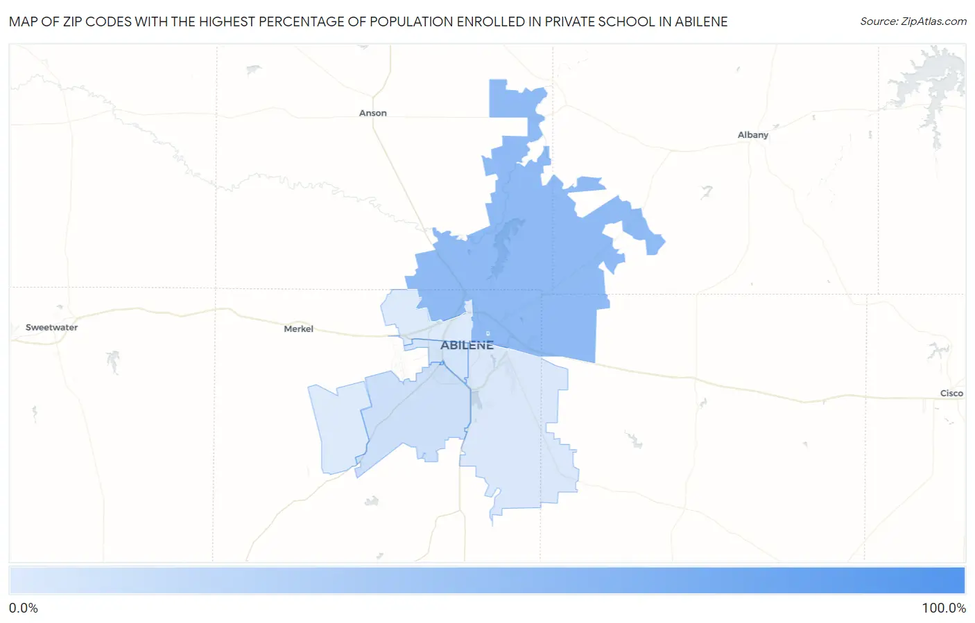 Zip Codes with the Highest Percentage of Population Enrolled in Private School in Abilene Map