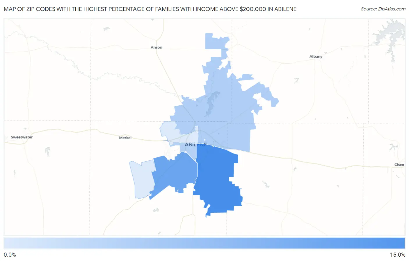 Zip Codes with the Highest Percentage of Families with Income Above $200,000 in Abilene Map