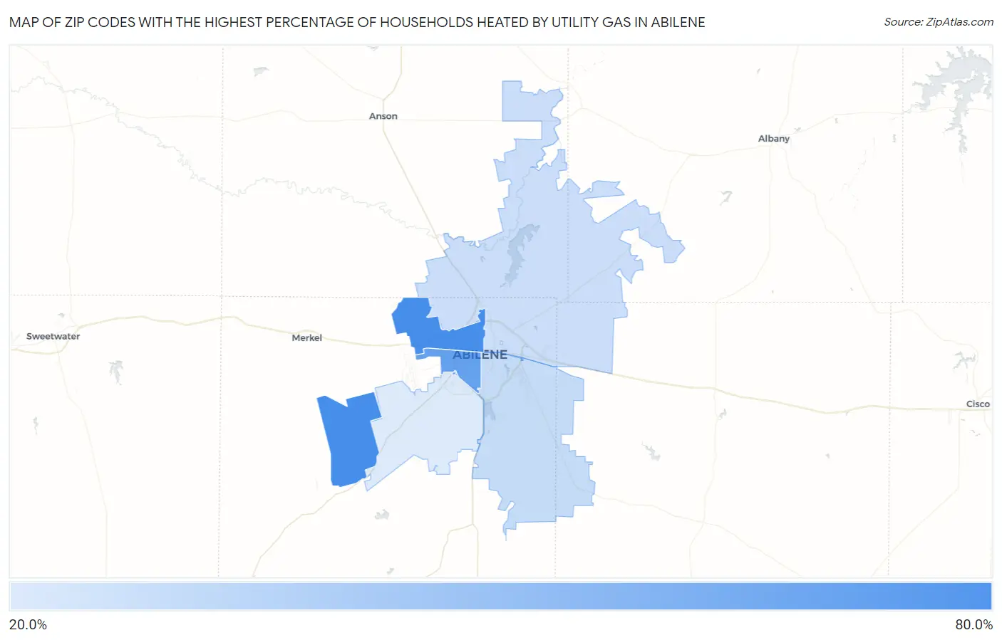 Zip Codes with the Highest Percentage of Households Heated by Utility Gas in Abilene Map