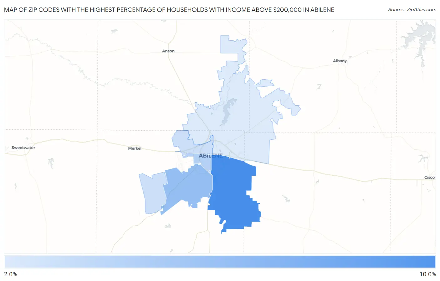 Zip Codes with the Highest Percentage of Households with Income Above $200,000 in Abilene Map
