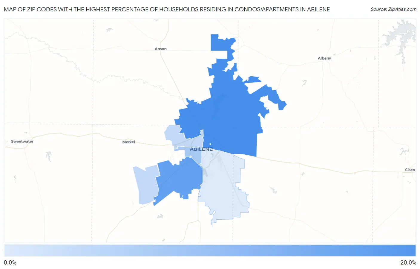 Zip Codes with the Highest Percentage of Households Residing in Condos/Apartments in Abilene Map