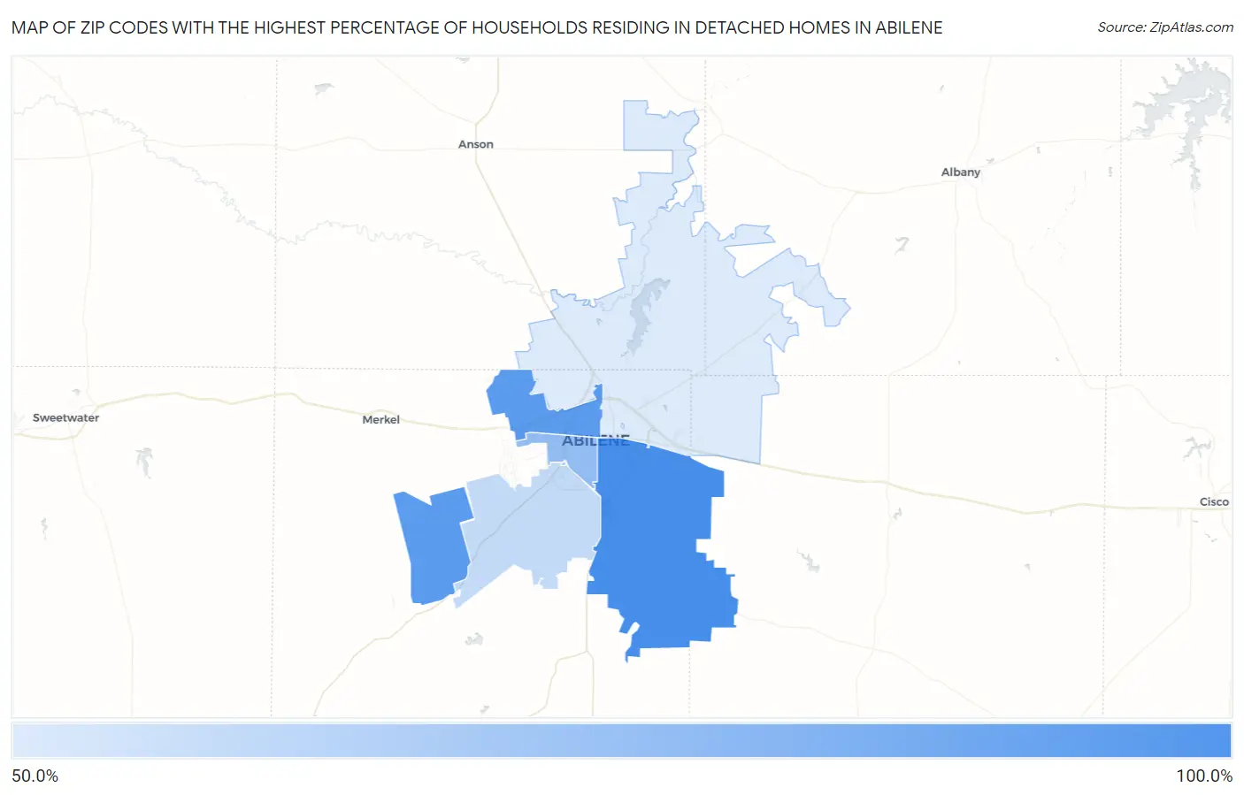 Zip Codes with the Highest Percentage of Households Residing in Detached Homes in Abilene Map