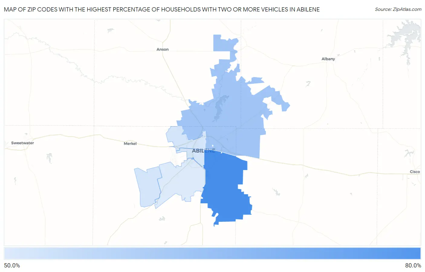 Zip Codes with the Highest Percentage of Households With Two or more Vehicles in Abilene Map