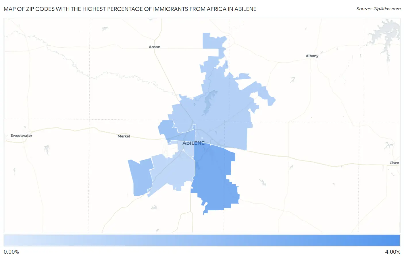 Zip Codes with the Highest Percentage of Immigrants from Africa in Abilene Map