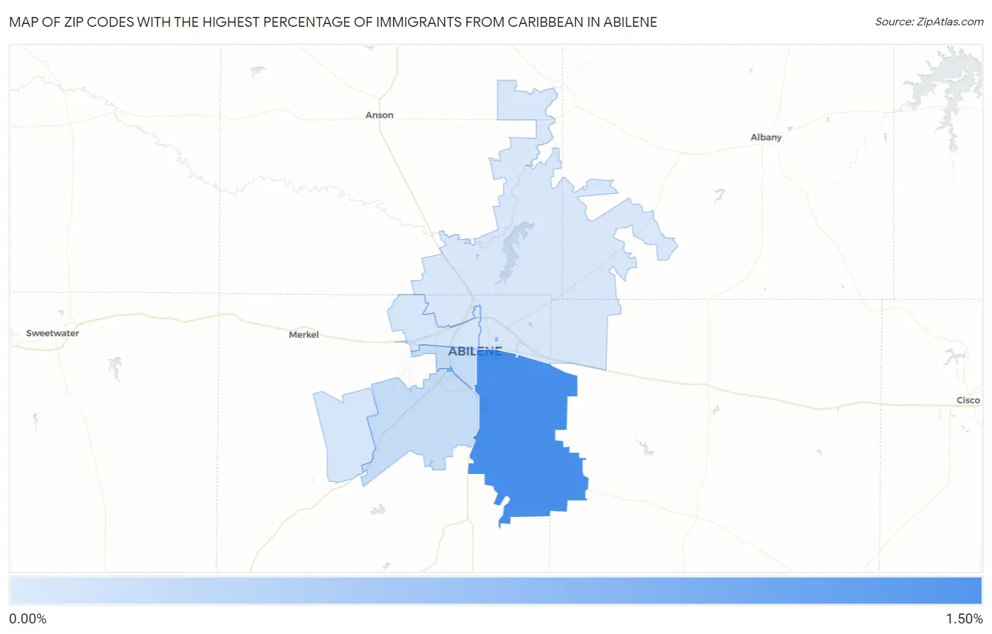 Zip Codes with the Highest Percentage of Immigrants from Caribbean in Abilene Map