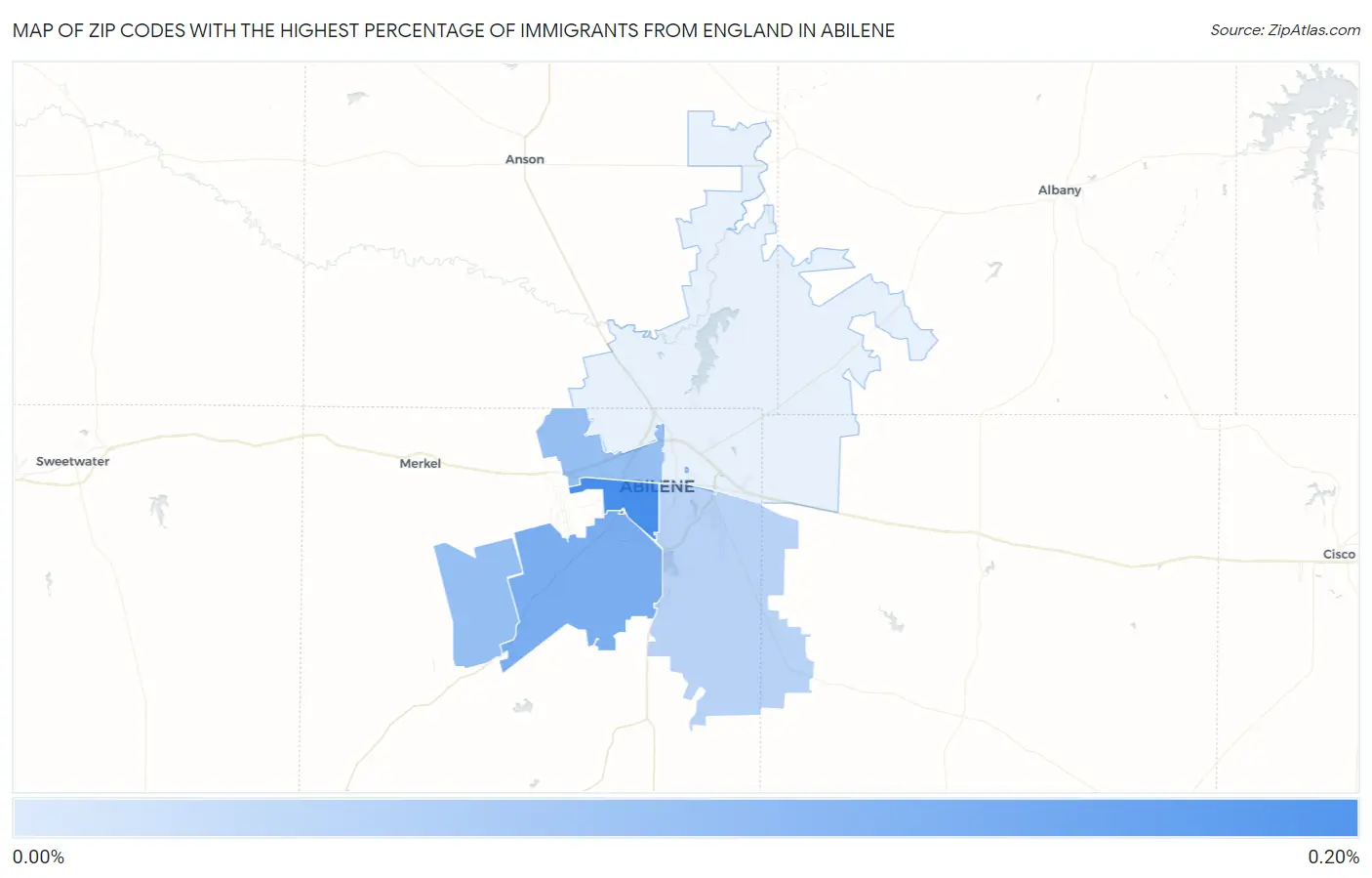 Zip Codes with the Highest Percentage of Immigrants from England in Abilene Map