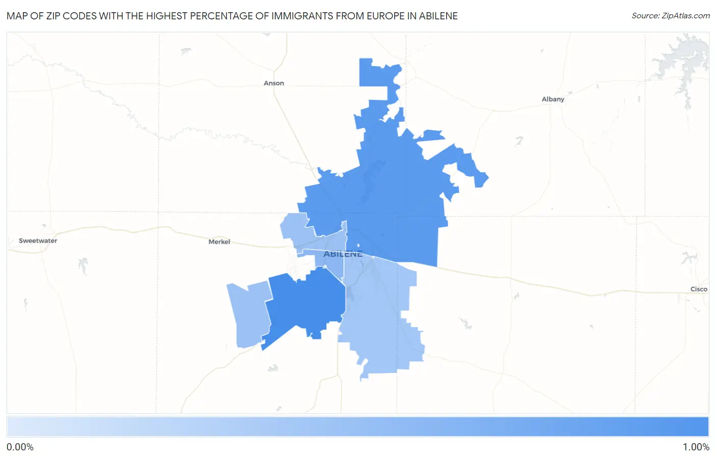 Zip Codes with the Highest Percentage of Immigrants from Europe in Abilene Map