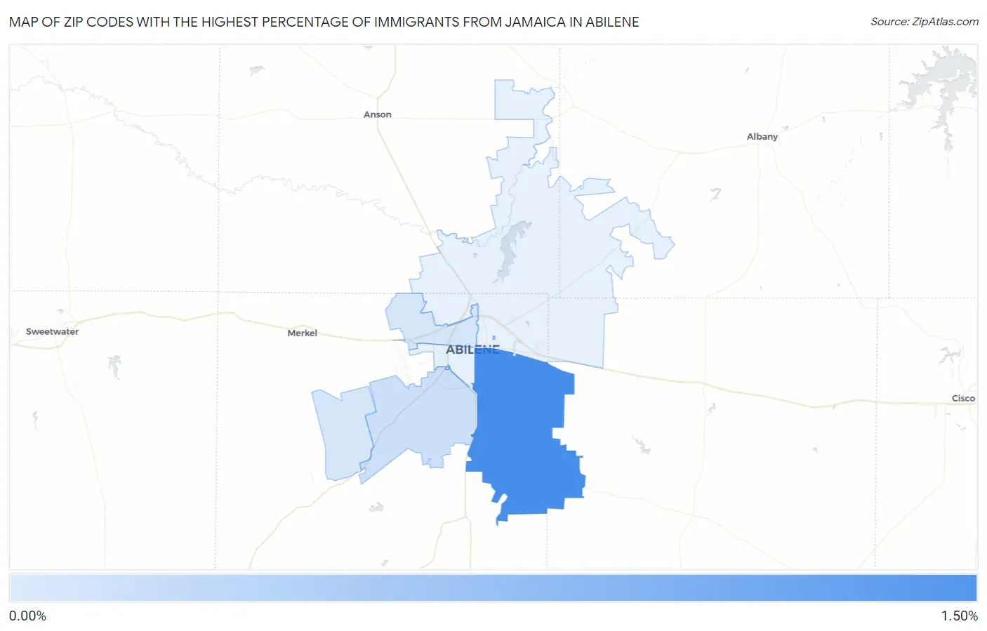 Zip Codes with the Highest Percentage of Immigrants from Jamaica in Abilene Map
