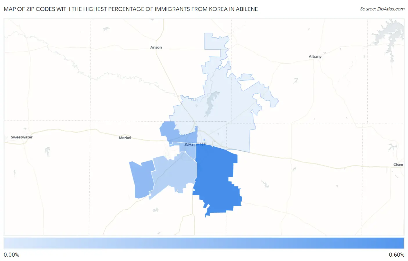 Zip Codes with the Highest Percentage of Immigrants from Korea in Abilene Map
