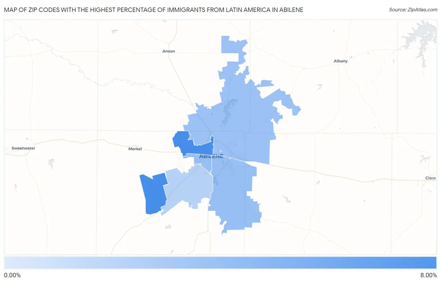 Zip Codes with the Highest Percentage of Immigrants from Latin America in Abilene Map