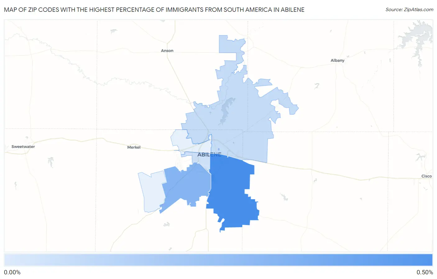 Zip Codes with the Highest Percentage of Immigrants from South America in Abilene Map