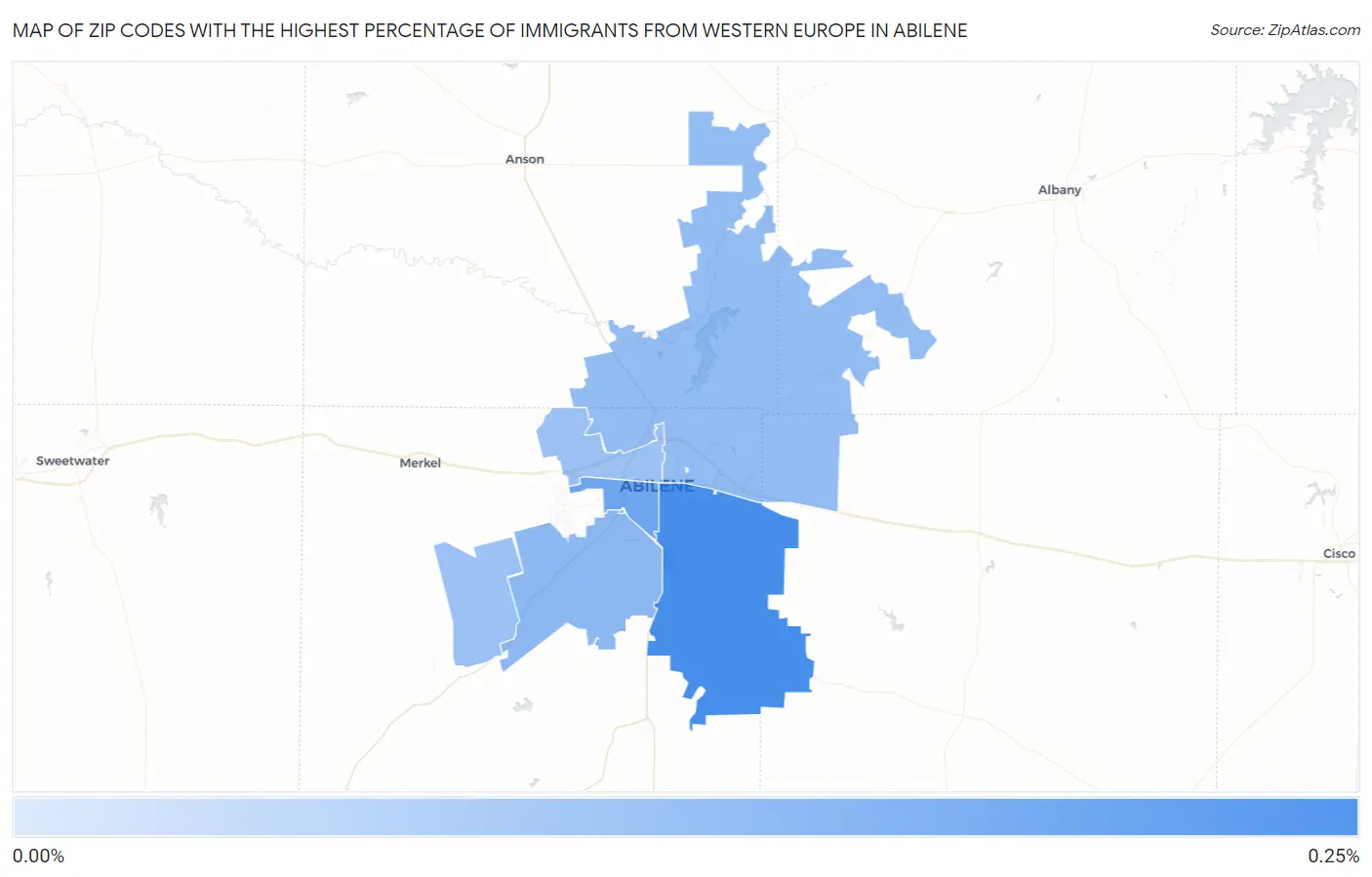 Zip Codes with the Highest Percentage of Immigrants from Western Europe in Abilene Map