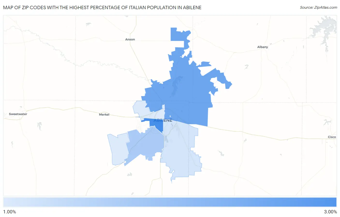 Zip Codes with the Highest Percentage of Italian Population in Abilene Map
