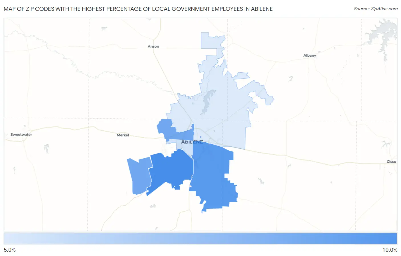 Zip Codes with the Highest Percentage of Local Government Employees in Abilene Map