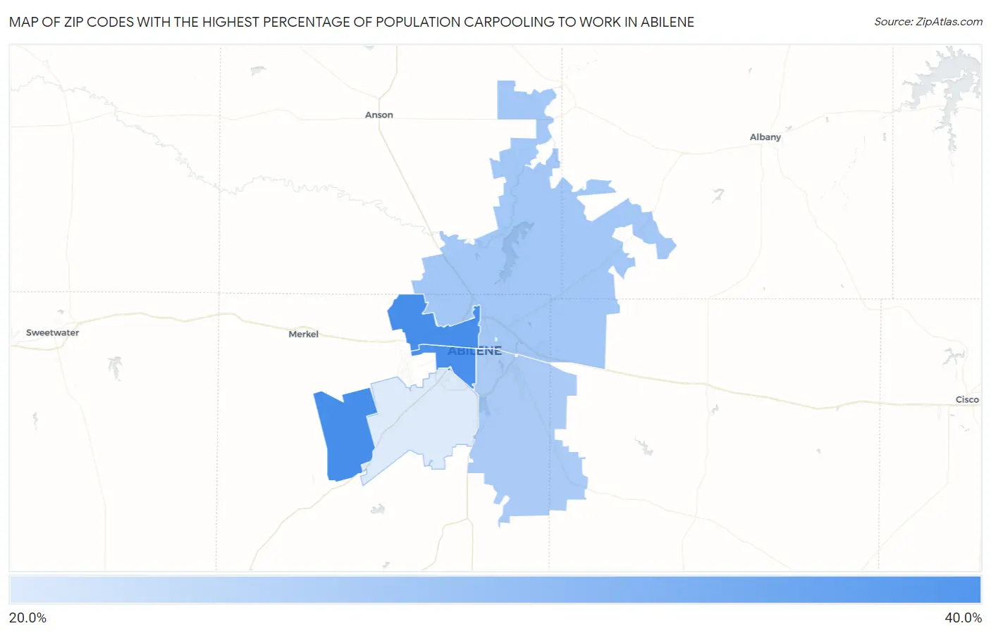 Zip Codes with the Highest Percentage of Population Carpooling to Work in Abilene Map