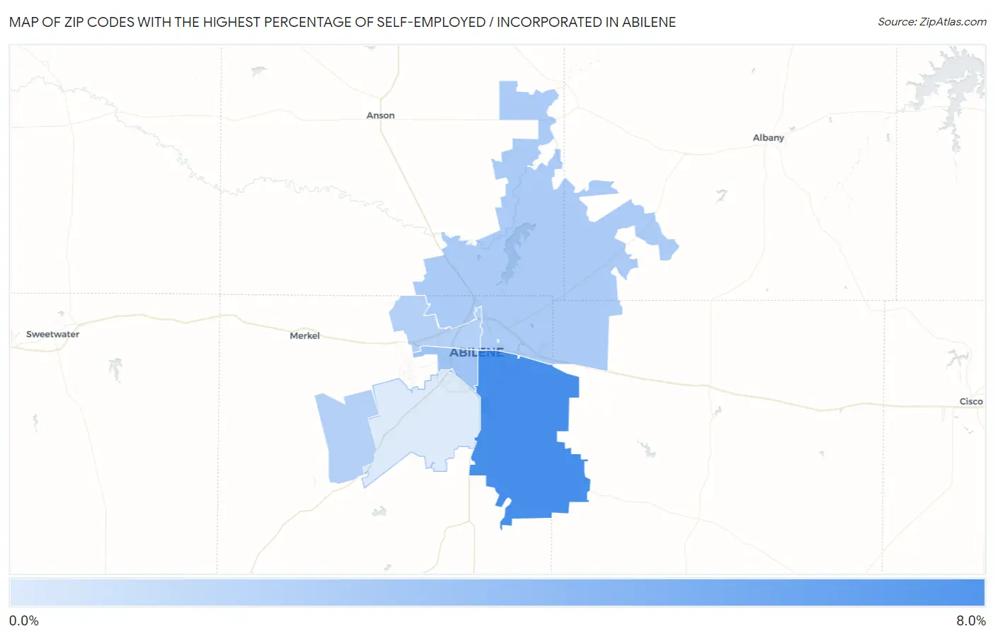 Zip Codes with the Highest Percentage of Self-Employed / Incorporated in Abilene Map