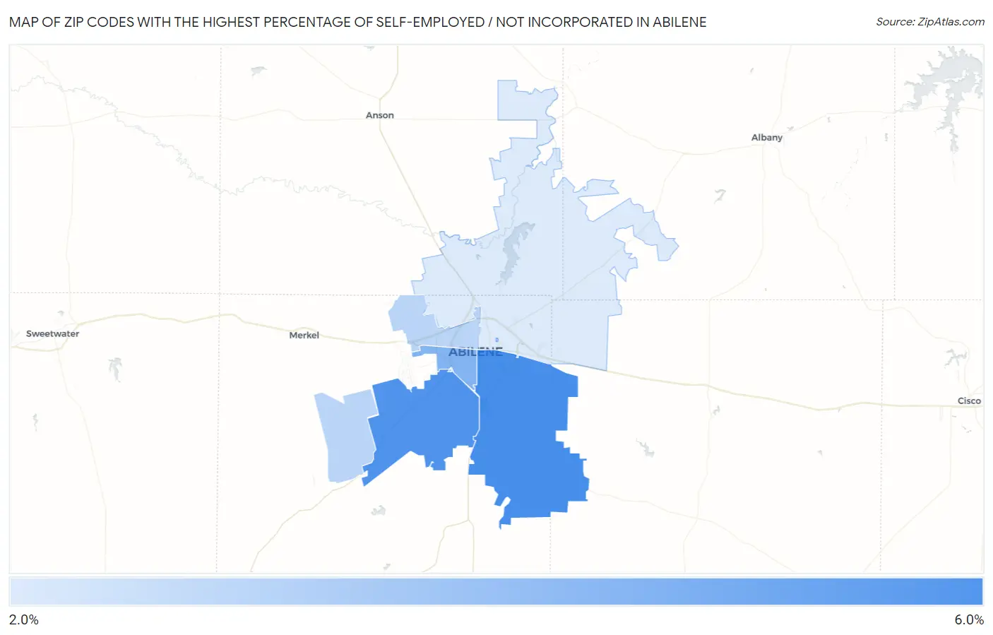 Zip Codes with the Highest Percentage of Self-Employed / Not Incorporated in Abilene Map