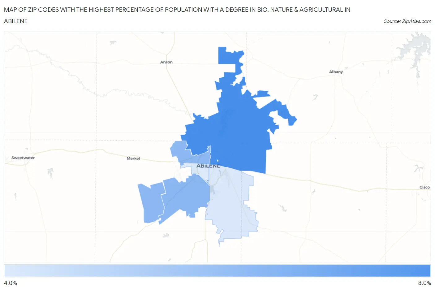 Zip Codes with the Highest Percentage of Population with a Degree in Bio, Nature & Agricultural in Abilene Map